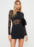 Mini dress Slim fitting, wide neckline, Sheer lace long sleeves, Lace panel detail mid waist,  Good stretch, unlined 