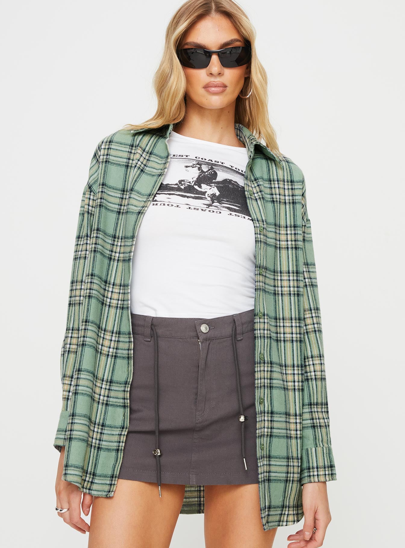 product Princess Polly Three Fourth Sleeves High Neck  Tollen Shirt Dark Green Check