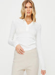 Long sleeve rib knit top Scooped neckline, button fastening at front, subtle pleats at waist Good stretch, unlined  