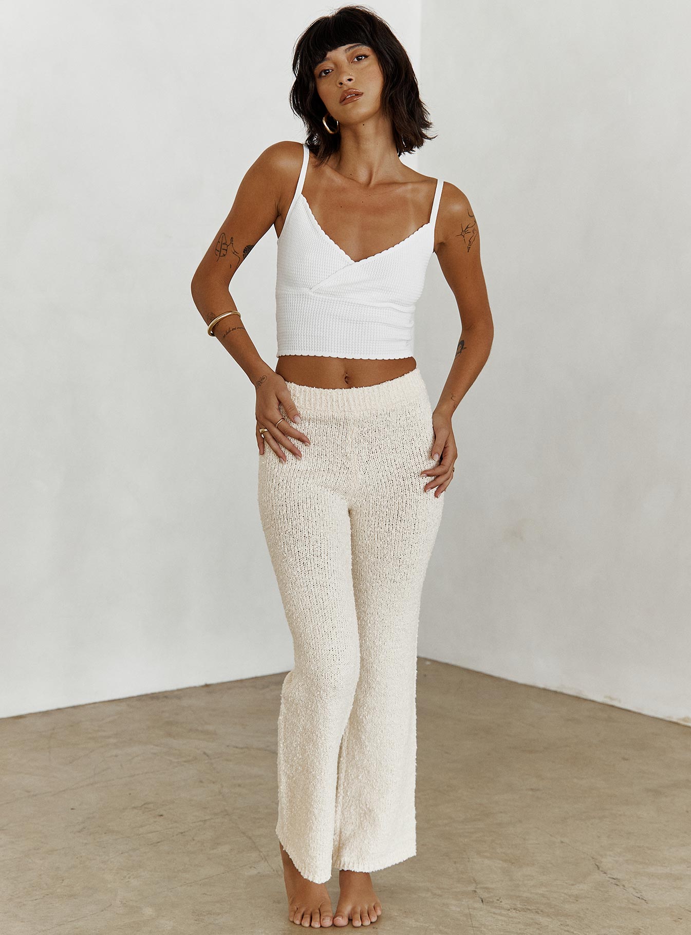 front view of model wearing Princess Polly Night In Boucle Pants Cream High Waisted Pants 