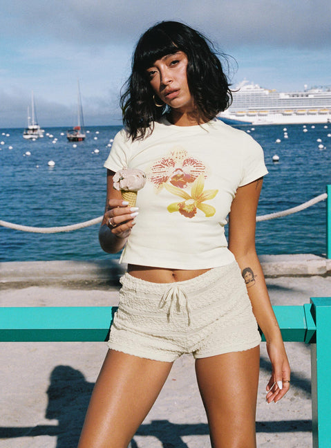 front view of model wearing Princess Polly Pinup Broderie Micro Shorts Cream High Waisted Shorts 