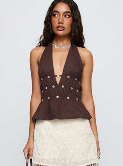 side view of model wearing Princess Polly Movies End Halter Top Brown Sleeveless Plunger 