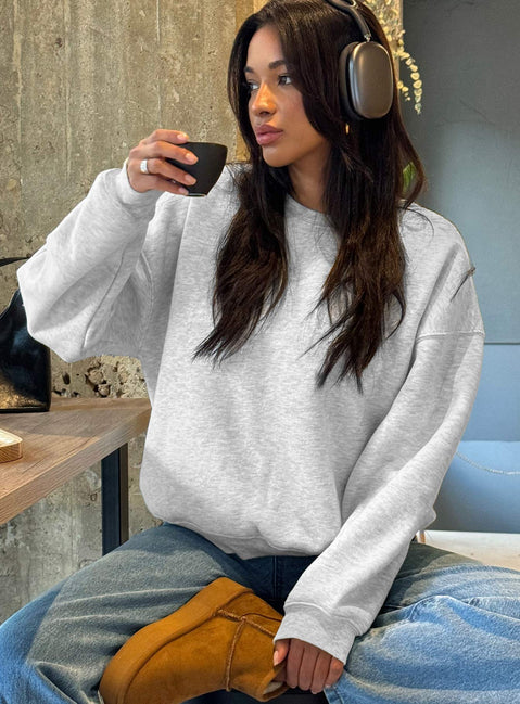 side view of model wearing Princess Polly Charlotte Crewneck Sweatshirt Grey 