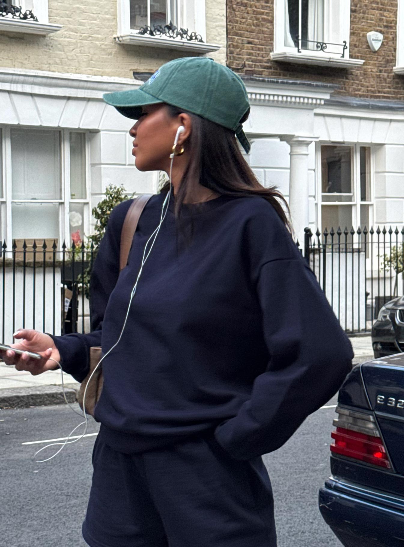 side view of model wearing Princess Polly All Day Crewneck Sweatshirt Navy 