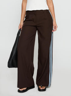 front view of model wearing Princess Polly Wendi Tipping Suit Pant Brown / Blue Mid Rise Pants 