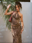 front view of model wearing Princess Polly Eleganza Top Leopard Petite Sleeveless Cowl 