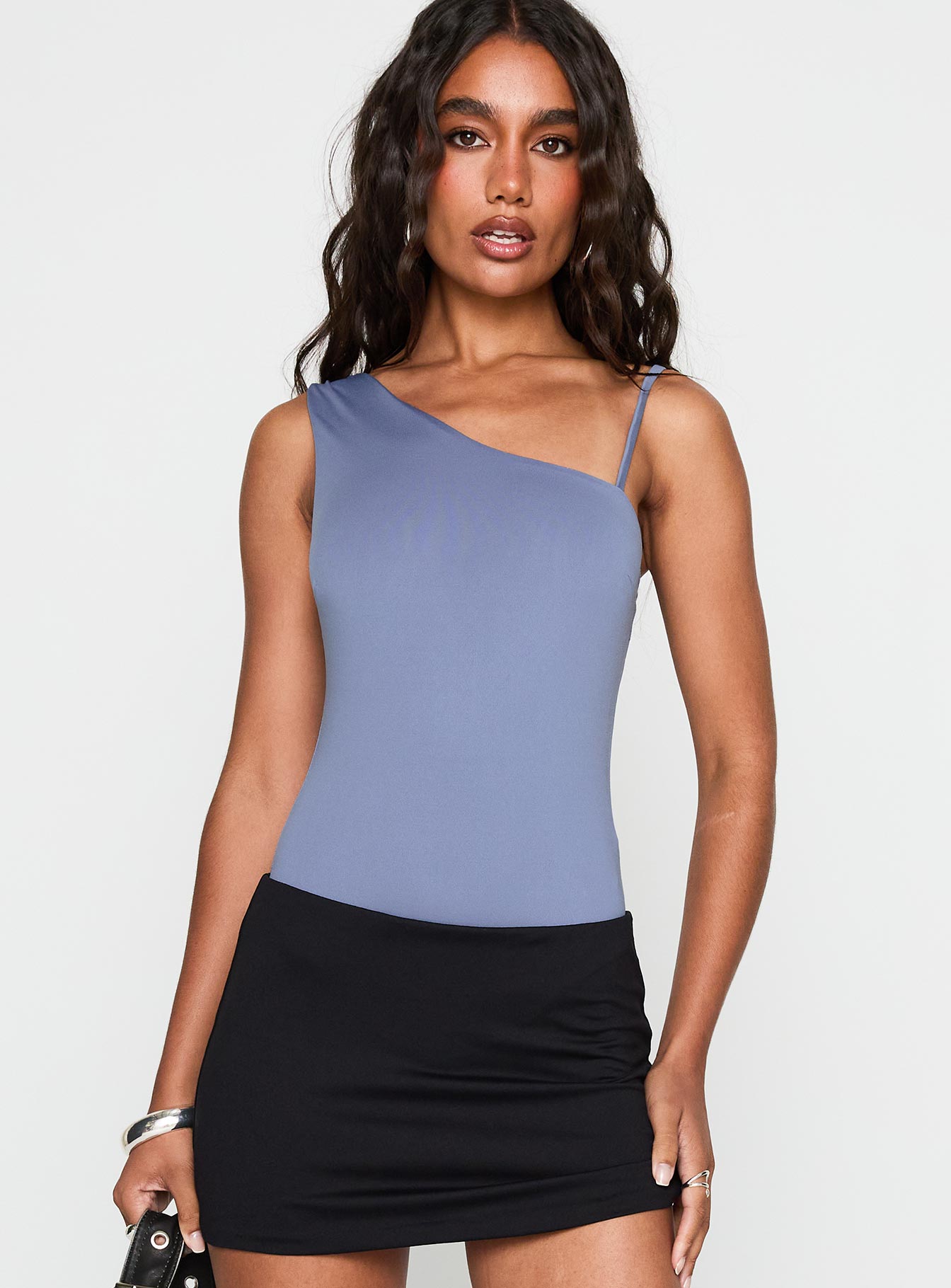 side view of model wearing Princess Polly Catch Up Bodysuit Blue Sleeveless 