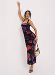 side view of model wearing Princess Polly Eviana Maxi Dress Floral Square Neck 