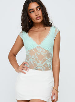 front view of model wearing Princess Polly Tantalize Bodysuit Blue Short Sleeve 