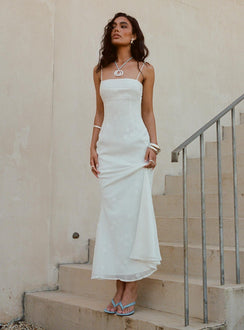 side view of model wearing Princess Polly Hanlen Maxi Dress White Square Neck 