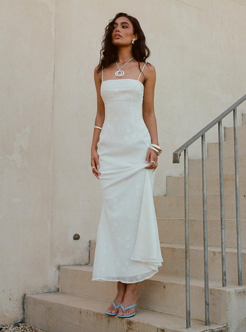 side view of model wearing Princess Polly Hanlen Maxi Dress White Square Neck 