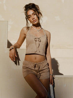 back view of model wearing Princess Polly Eternal Youth Faux Suede Short Taupe Low Rise Shorts 