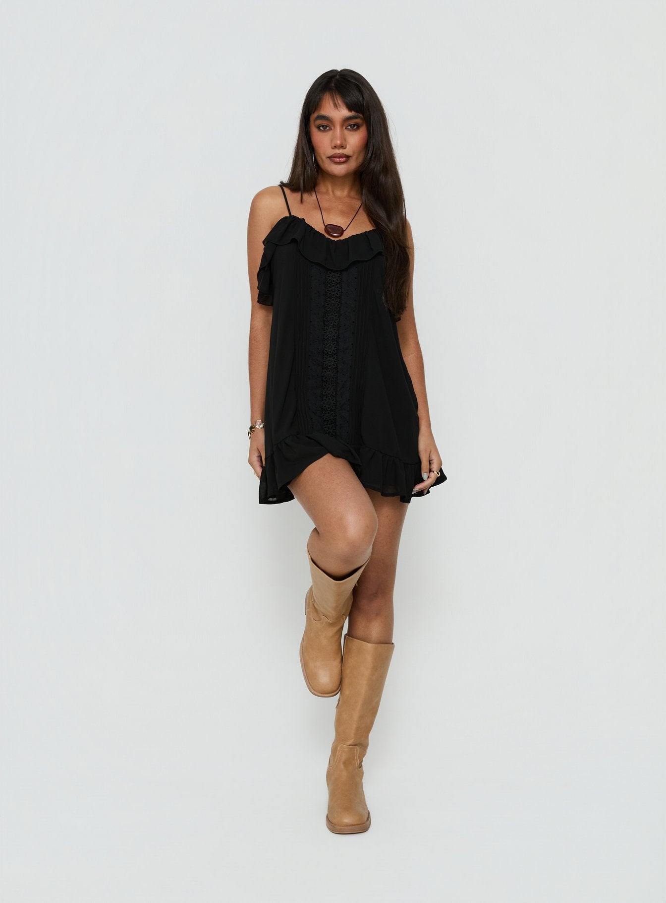Somnielle Frill Lace Detail Mini Dress Black | Princess Polly
