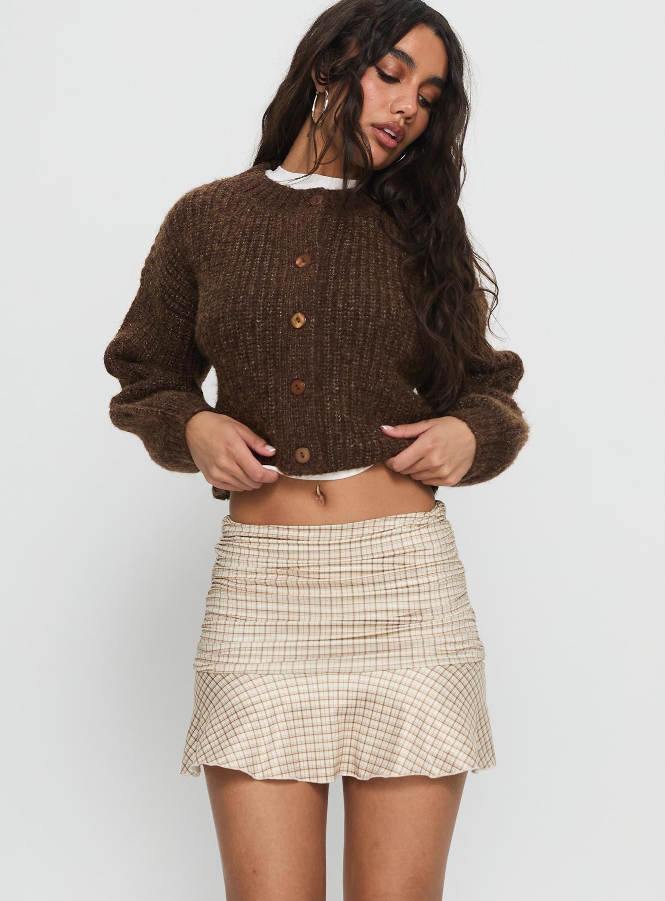   front view of model wearing Princess Polly Celebrations Mini Skirt Beige Check Mini Skirts 