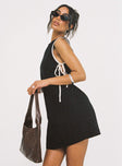 side view of model wearing Princess Polly Boxay Mini Dress Black Crew Neck 