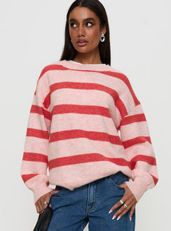 front view of model wearing Princess Polly Ryanna Sweater Pink / Red Stripe 