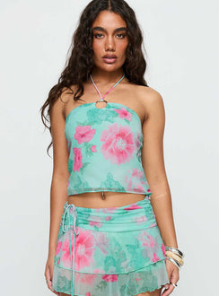 front view of model wearing Princess Polly Naturally Halter Ring Top Blue Multi Sleeveless Asymmetric Neckline 