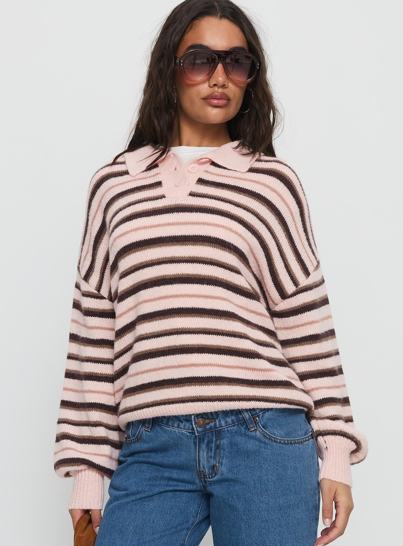 front view of model wearing Princess Polly Jeanny Collared Knit Sweater Brown / Pink Stripe Longline Jumpers 