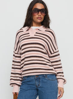 front view of model wearing Princess Polly Jeanny Collared Knit Sweater Brown / Pink Stripe Longline Jumpers 