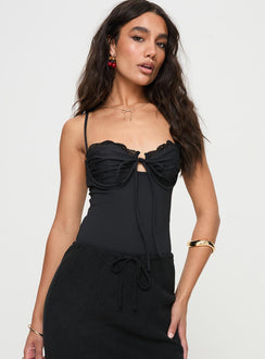 front view of model wearing Princess Polly Monument Bodysuit Black Sleeveless Sweetheart 