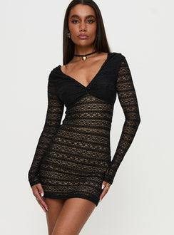 front view of model wearing Princess Polly Porchia Long Sleeve Mini Dress Black V-Neck 