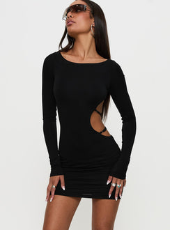 front view of model wearing Princess Polly Rowin Long Sleeve Cut Out Mini Dress Black Scoop Neck 