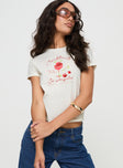 side view of model wearing Princess Polly Cherry Cocktails Tee White Short Sleeves Crew Neck 