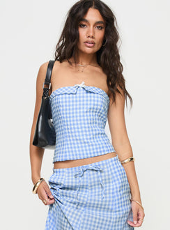 front view of model wearing Princess Polly Carmino Strapless Top Blue Check Sleeveless straight 
