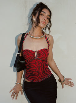 front view of model wearing Princess Polly Cielo Mesh Halter Top Red Zebra Sleeveless Sweetheart 