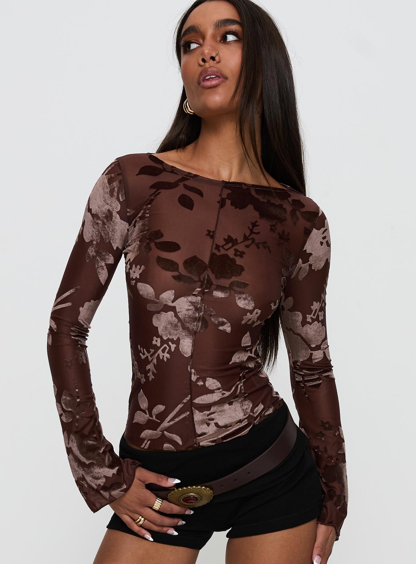front view of model wearing Princess Polly Meant To Be Mesh Long Sleeve Top Brown Floral Full Sleeves Boat Neck 