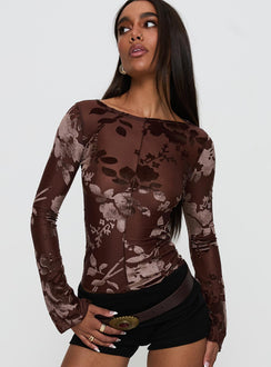 front view of model wearing Princess Polly Meant To Be Mesh Long Sleeve Top Brown Floral Full Sleeves Boat Neck 