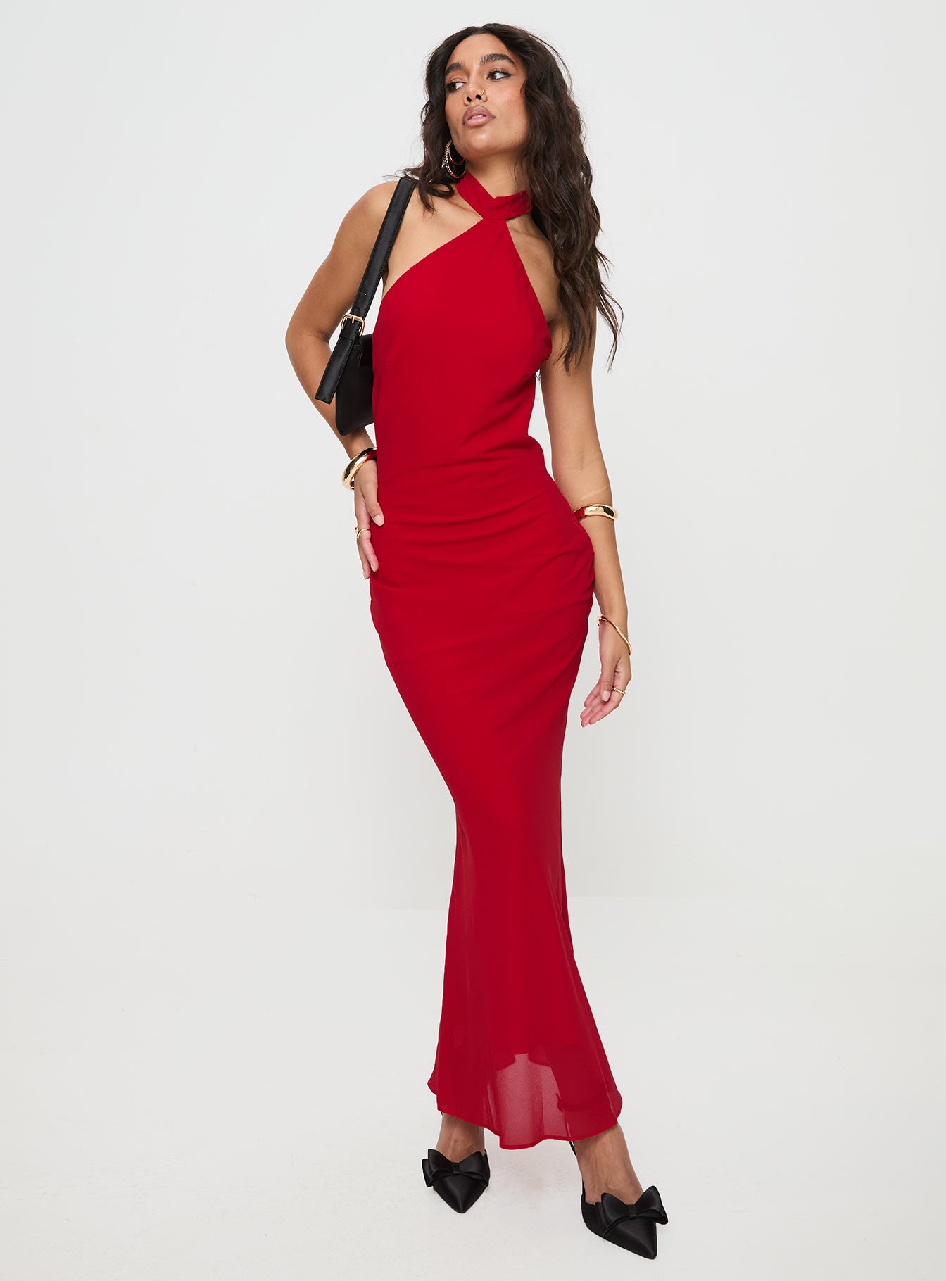 front view of model wearing Princess Polly Abriela Maxi Dress Red High Neck 