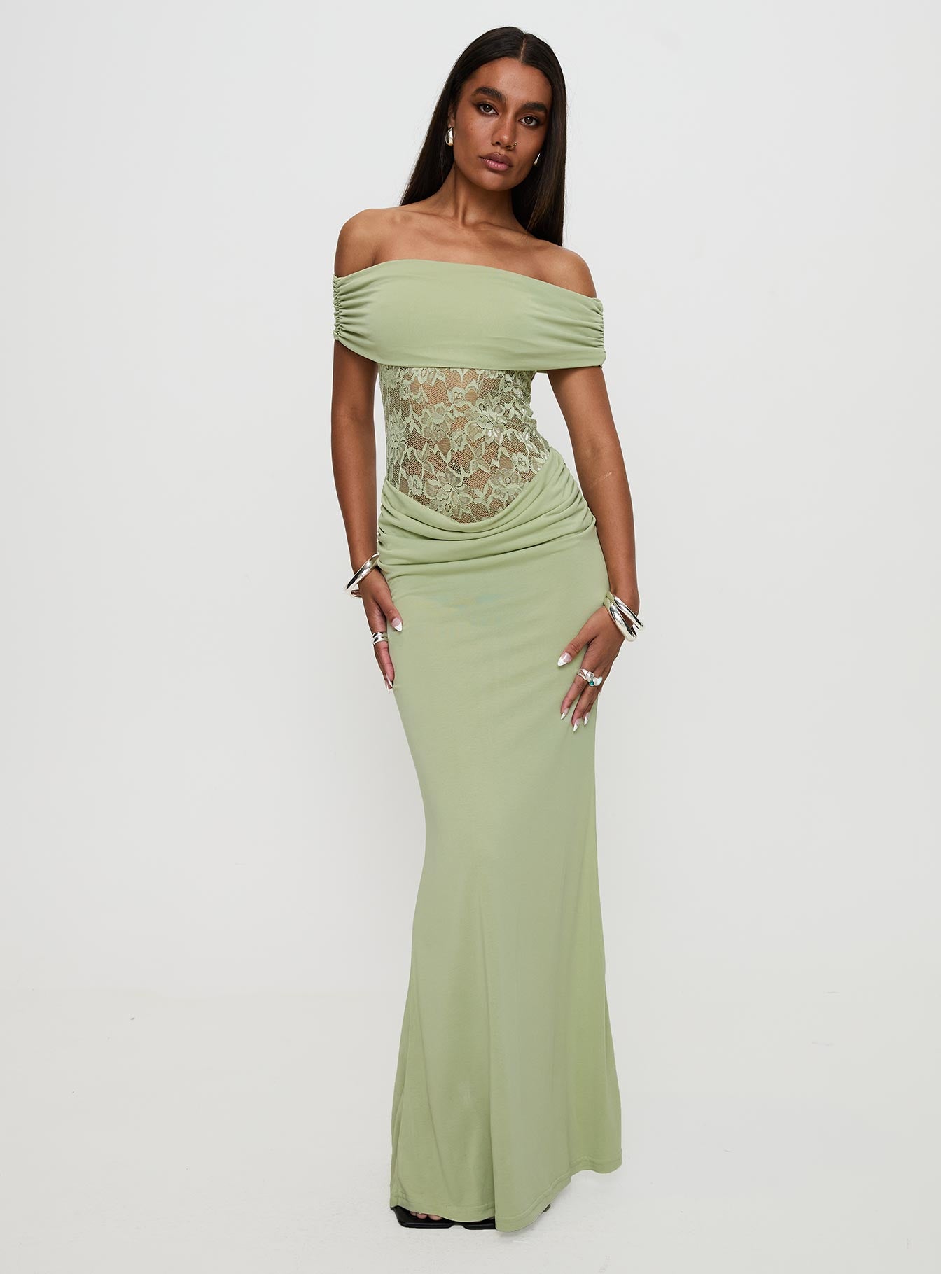 front view of model wearing Princess Polly Gwendolen Off The Shoulder Maxi Dress Green Straight Neck 