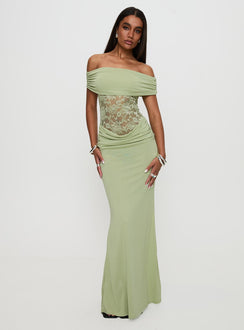front view of model wearing Princess Polly Gwendolen Off The Shoulder Maxi Dress Green Straight Neck 