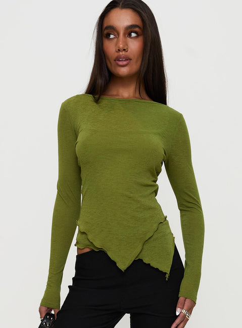 front view of model wearing Princess Polly I Know You Backless Long Sleeve Top Green Full Sleeves Boat Neck 