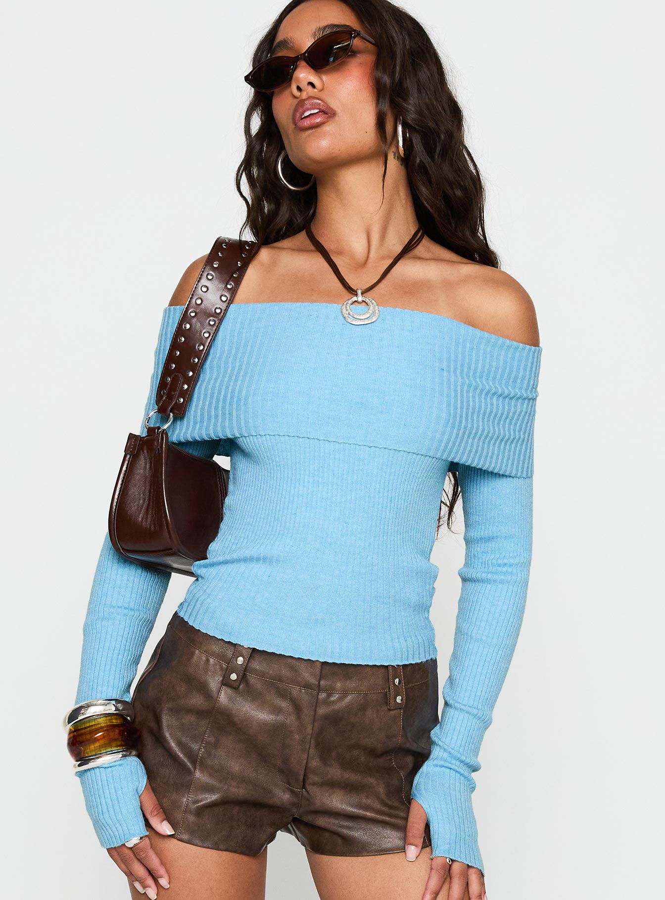 front view of model wearing Princess Polly Morley Off Shoulder Sweater Blue Cropped 