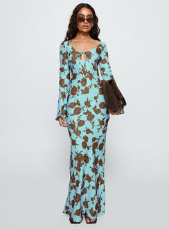 front view of model wearing Princess Polly Elorie Long Sleeve Maxi Dress Blue / Brown Scoop Neck 