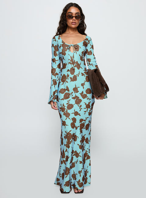 front view of model wearing Princess Polly Elorie Long Sleeve Maxi Dress Blue / Brown Scoop Neck 