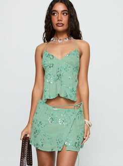   side view of model wearing Princess Polly What A Coincidence Beaded Mini Skirt Teal Mini Skirts 