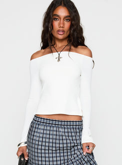 front view of model wearing Princess Polly Maestro Off The Shoulder Top White Full Sleeves straight 