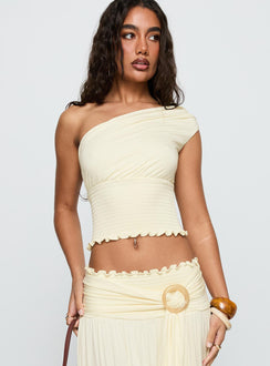 front view of model wearing Princess Polly Full Orbit One Shoulder Top Cream Sleeveless Asymmetric Neckline 