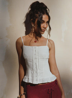 front view of model wearing Princess Polly Sonrisa Top White Sleeveless Square Neck 