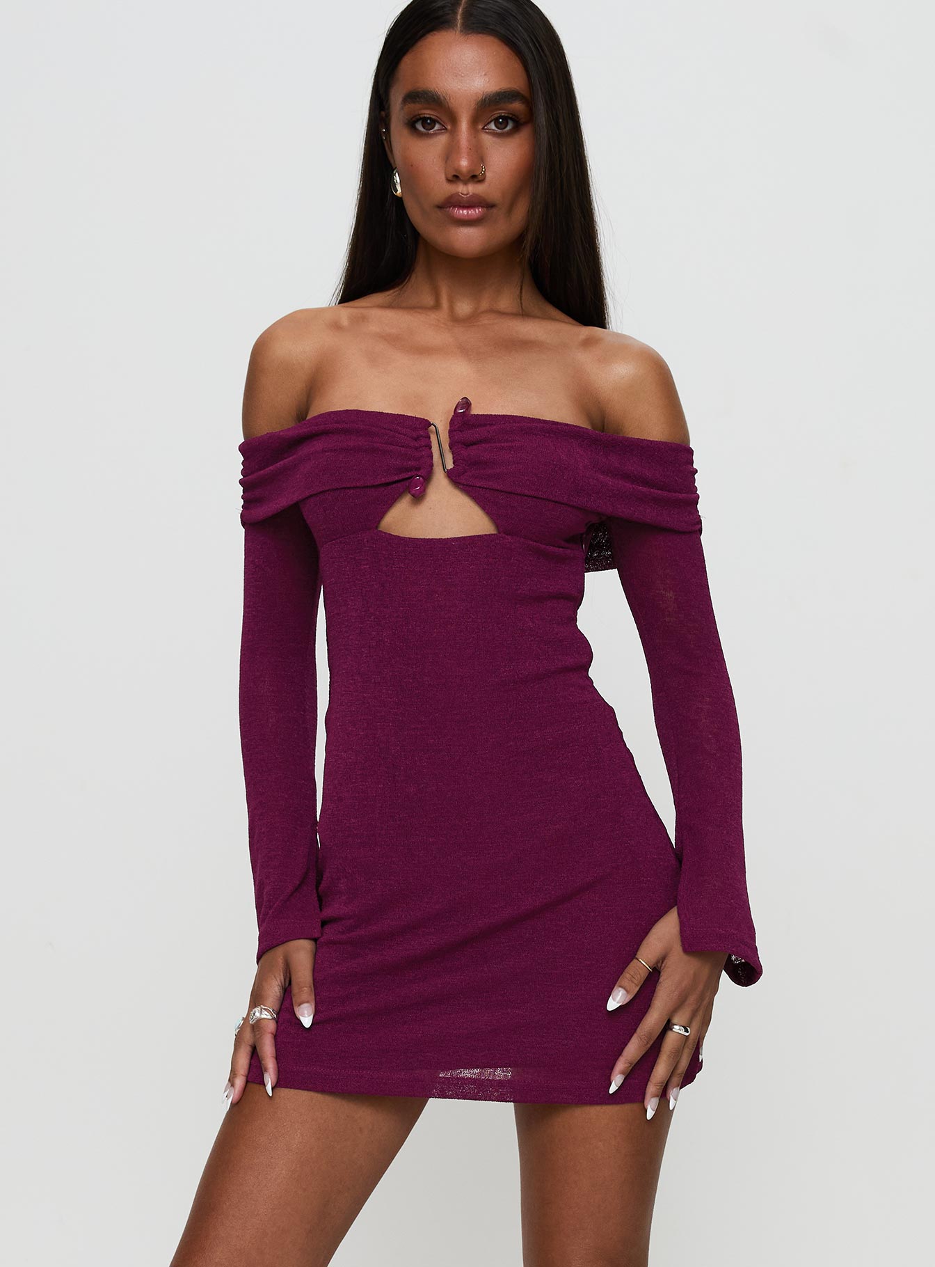 front view of model wearing Princess Polly Firenza Long Sleeve Mini Dress Purple Sweetheart Neckline 
