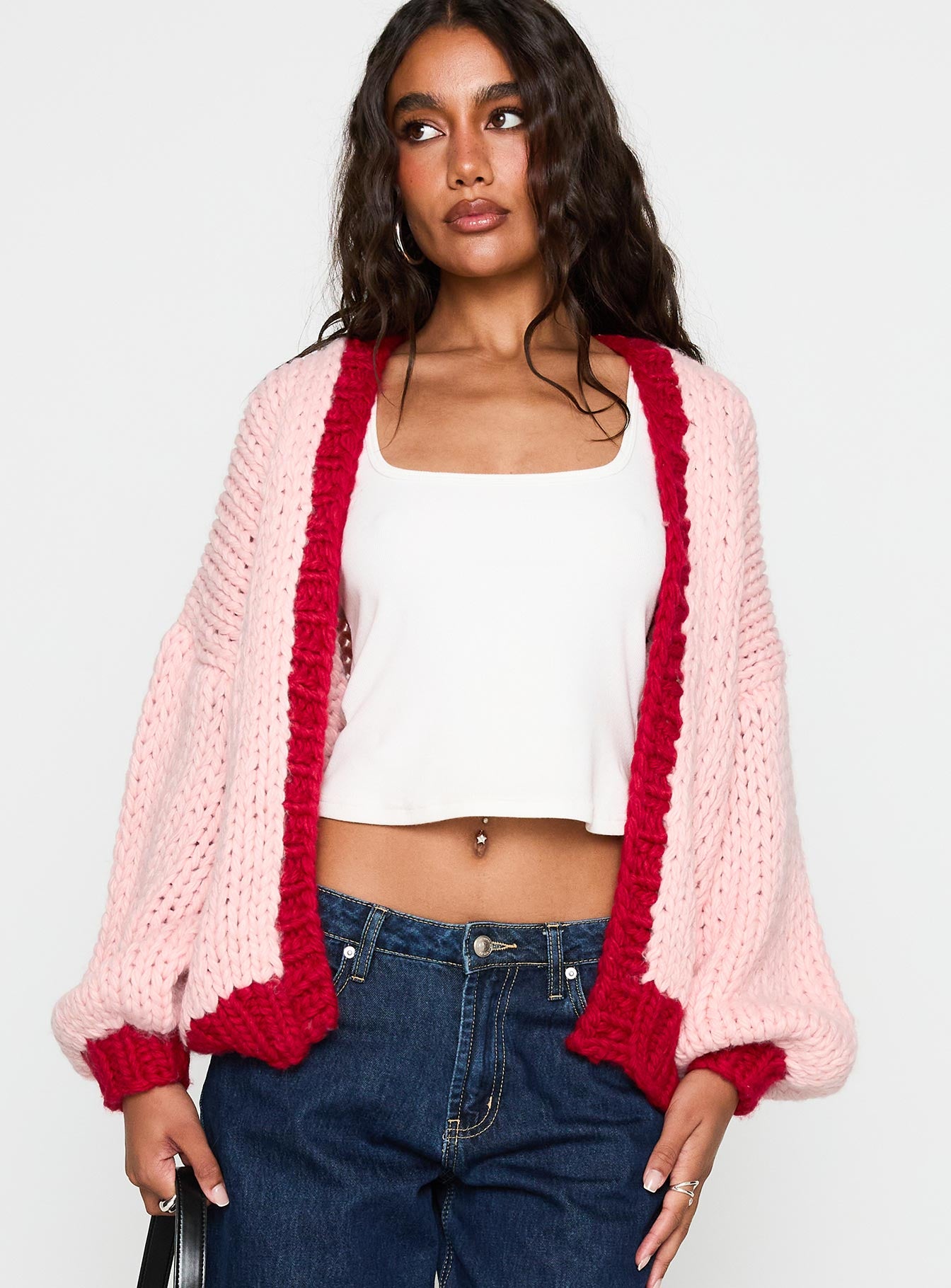 front view of model wearing Princess Polly Lester Knit Cardigan Pink / Red Long 