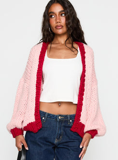 front view of model wearing Princess Polly Lester Knit Cardigan Pink / Red Long 