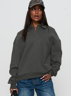 front view of model wearing Princess Polly Back Around Collared Fleece Jumper Slate 