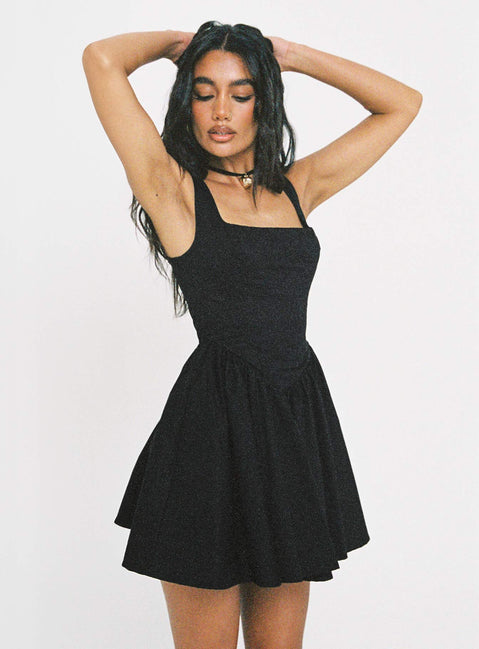 front view of model wearing Princess Polly Straplie Mini Dress Black Square Neck 