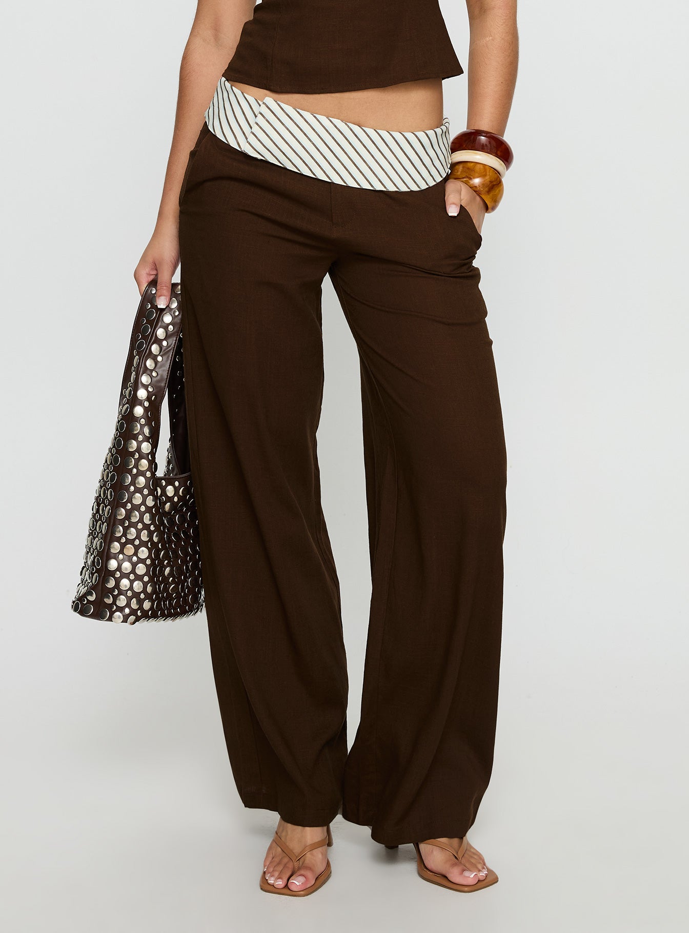 front view of model wearing Princess Polly Past Life Fold Over Waistband Pant Brown / Stripe Mid Rise Pants 