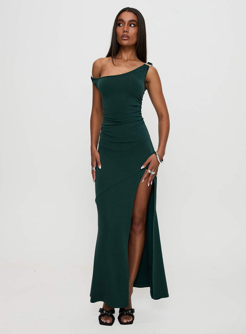 front view of model wearing Princess Polly Rios One Shoulder Maxi Dress Green Scoop Neck 