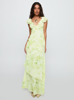 side view of model wearing Princess Polly Been Away Frill Maxi Dress Green Multi Plunger 